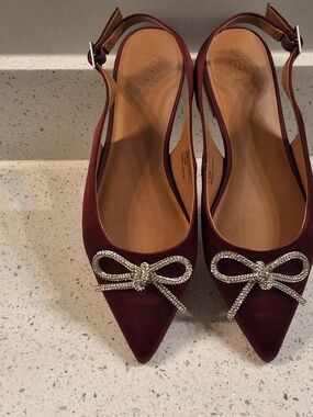 Pointed Burgundy Slingback Flats with Crystal Bow Accent